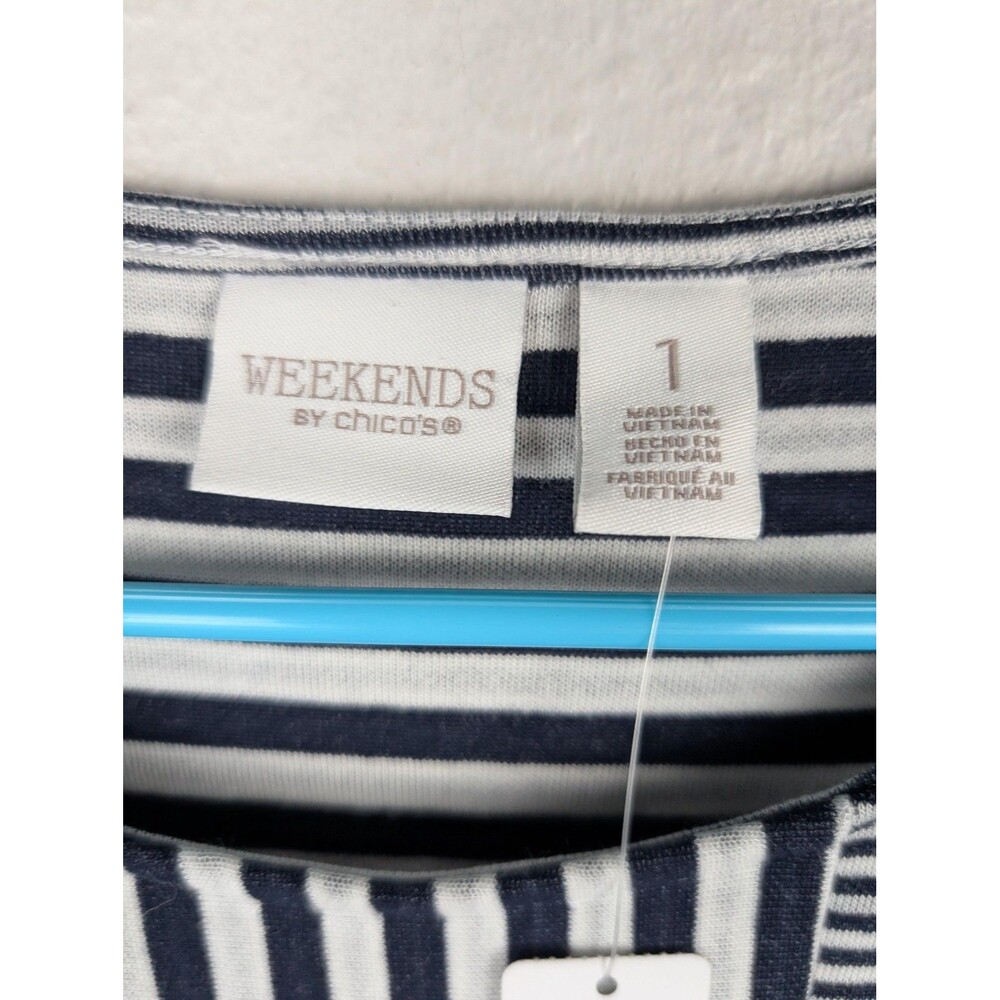 Chico's Weekends Shirt Womens Medium Navy White Striped Short Sleeve Scoop Neck - Picture 3 of 7